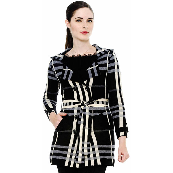 Knit Double Breasted Plaid Coat - Black
